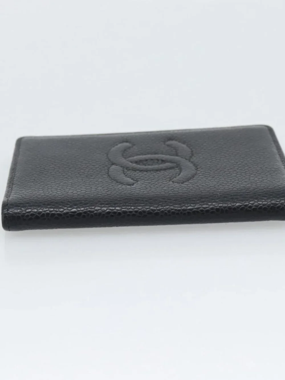 CHANEL Card Case Grained Calf Skin Black CC Auth 188321M